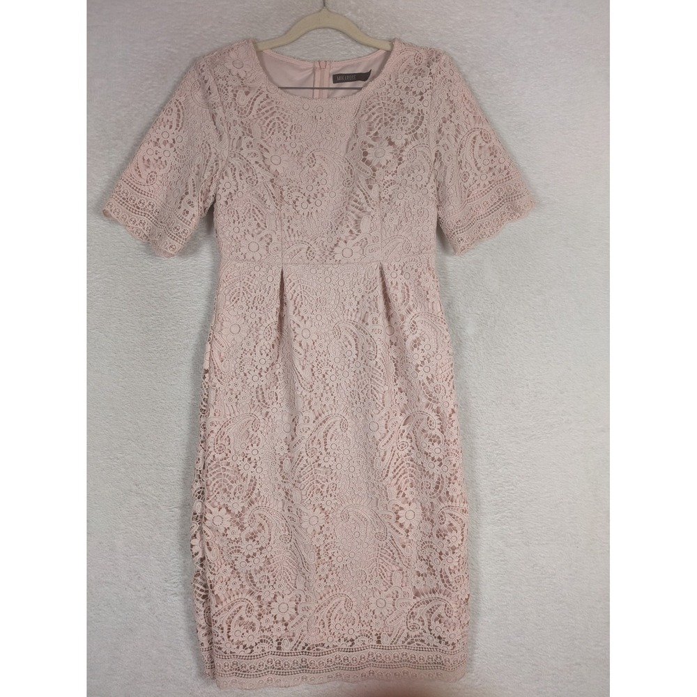 MIKAROSE Sheath Dress Women's XS Pink Floral Lace Modest Short Sleeve Midi